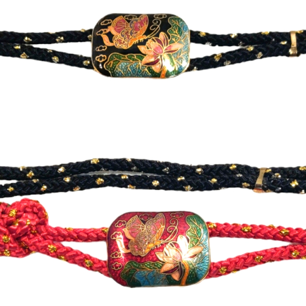 Vintage 1970 Cloisonné Floral Butterfly Rope Belts Set of 2 Red/Black